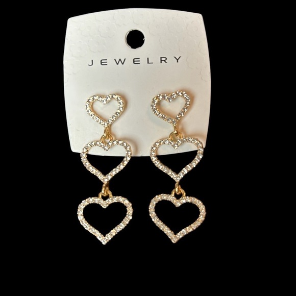 Heart Trio Rhinestone Goldtone Pierced Post Drop Earrings - Picture 1 of 8